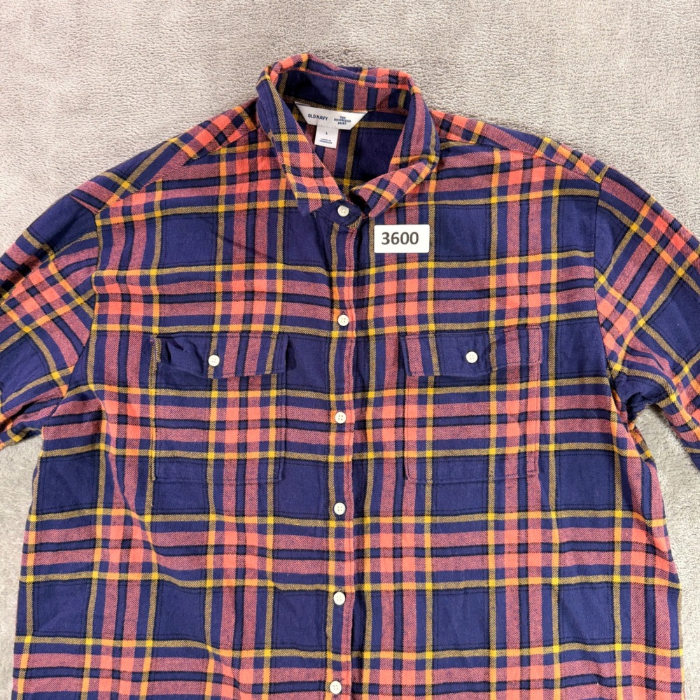 Old Navy The Boyfriend Shirt Womens L Blue Plaid Flannel Button Down 751722-01